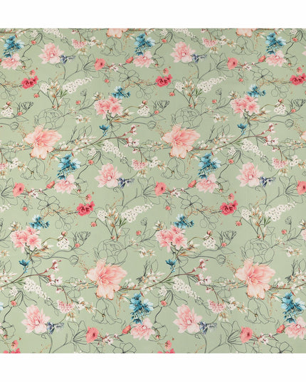 Green Floral Pure Silk Crepe Fabric 110cm - 1066035