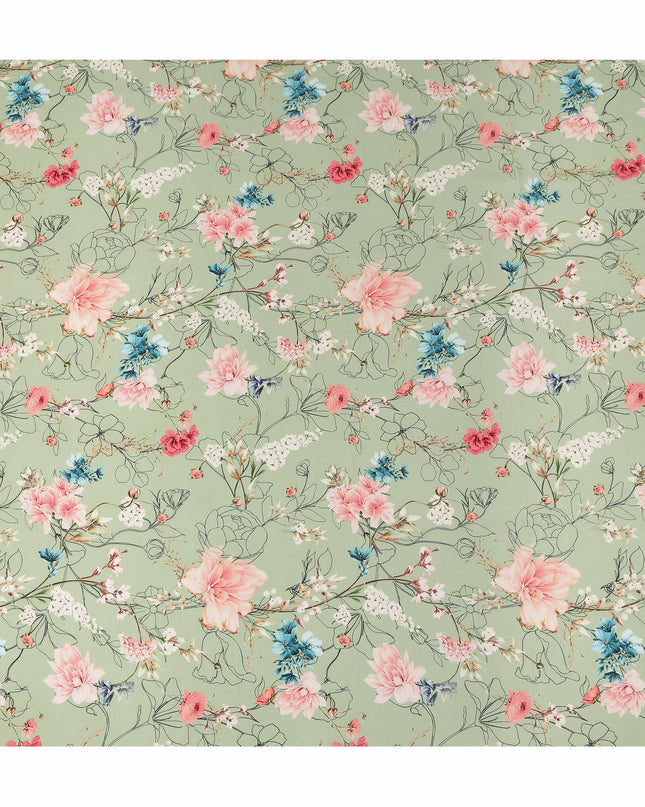 Green Floral Pure Silk Crepe Fabric 110cm - 1066035