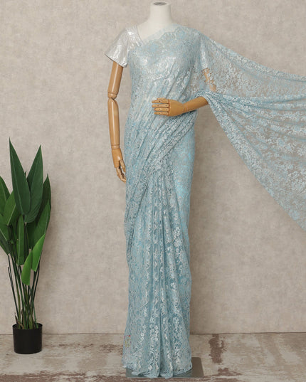 Ice Blue Premium French Metallic Chantilly Lace Saree Fabric, 5.5 Mtrs Length, 110 Cms Width, Crafted in France – Soft Pastel Blue Shimmer Lace, Blouse Not Included-D26436
