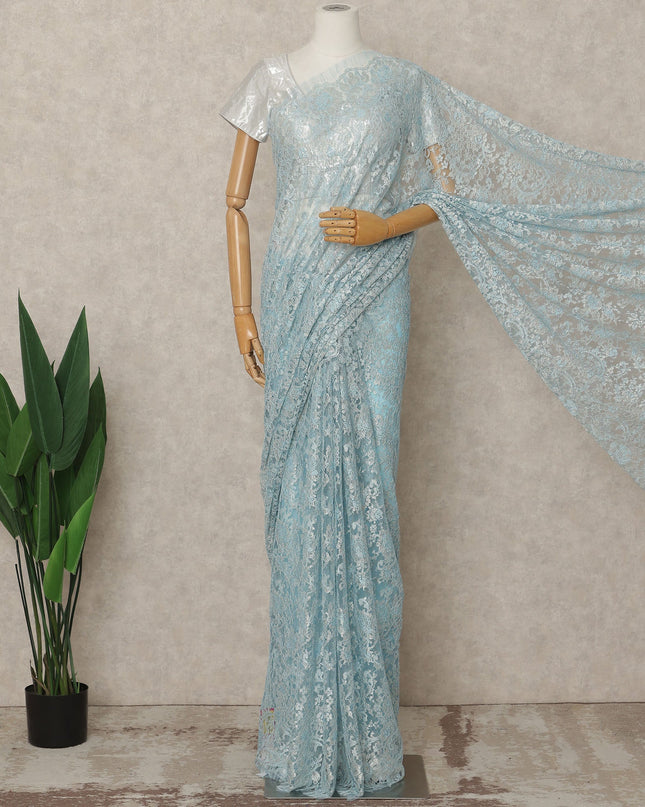 Ice Blue Premium French Metallic Chantilly Lace Saree Fabric, 5.5 Mtrs Length, 110 Cms Width, Crafted in France – Soft Pastel Blue Shimmer Lace, Blouse Not Included-D26436