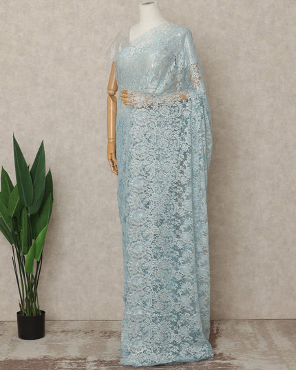 Ice Blue Premium French Metallic Chantilly Lace Saree Fabric, 5.5 Mtrs Length, 110 Cms Width, Crafted in France – Soft Pastel Blue Shimmer Lace, Blouse Not Included-D26436