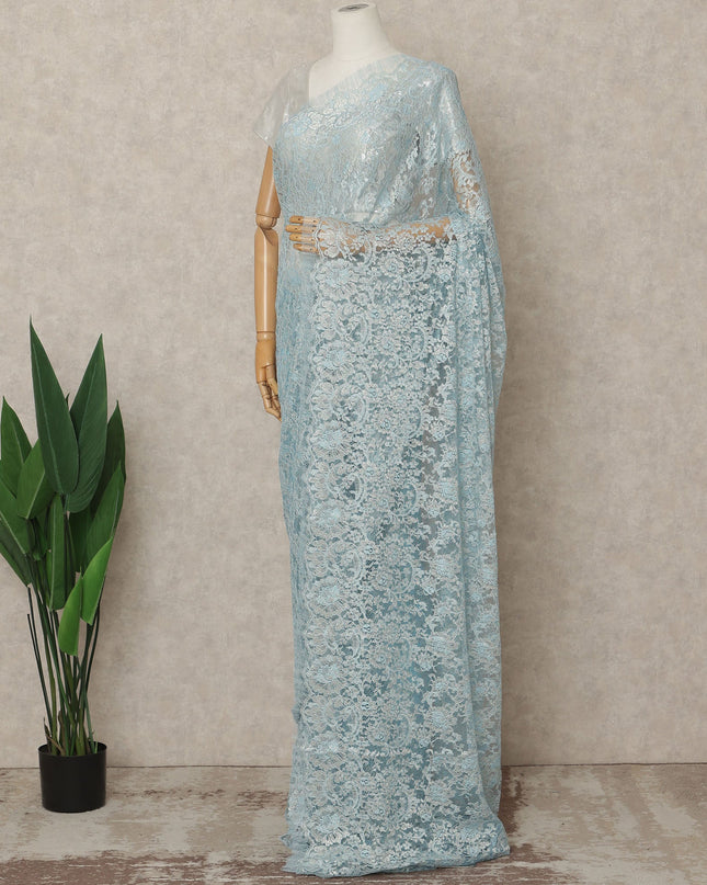 Ice Blue Premium French Metallic Chantilly Lace Saree Fabric, 5.5 Mtrs Length, 110 Cms Width, Crafted in France – Soft Pastel Blue Shimmer Lace, Blouse Not Included-D26436