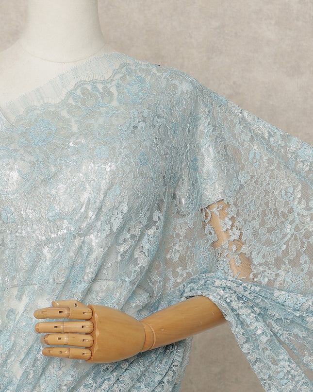 Ice Blue Premium French Metallic Chantilly Lace Saree Fabric, 5.5 Mtrs Length, 110 Cms Width, Crafted in France – Soft Pastel Blue Shimmer Lace, Blouse Not Included-D26436