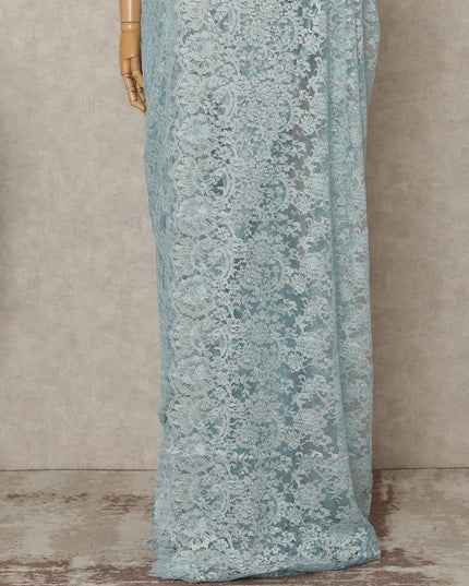 Ice Blue Premium French Metallic Chantilly Lace Saree Fabric, 5.5 Mtrs Length, 110 Cms Width, Crafted in France – Soft Pastel Blue Shimmer Lace, Blouse Not Included-D26436