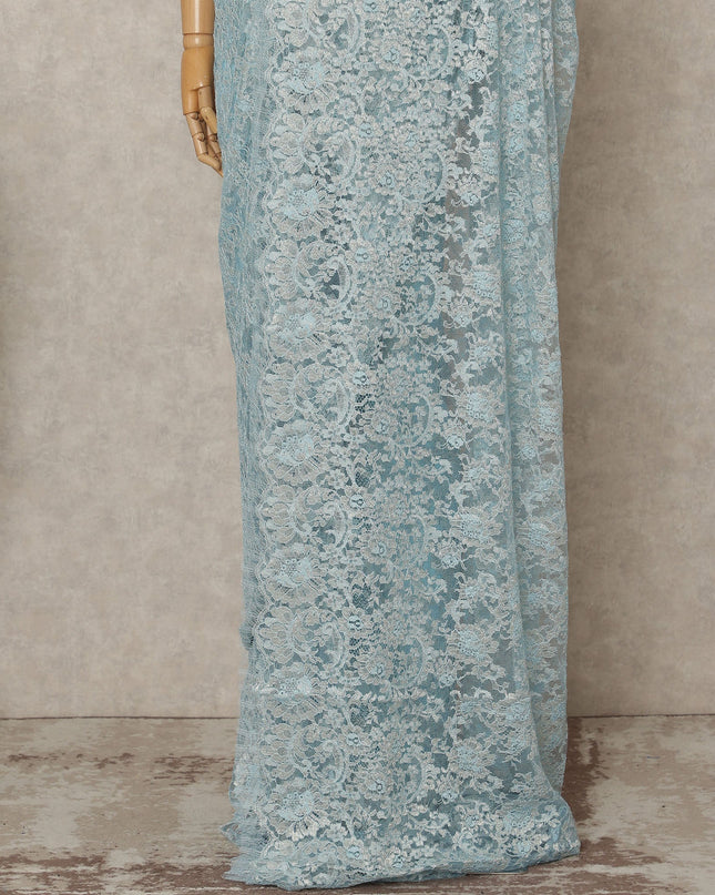 Ice Blue Premium French Metallic Chantilly Lace Saree Fabric, 5.5 Mtrs Length, 110 Cms Width, Crafted in France – Soft Pastel Blue Shimmer Lace, Blouse Not Included-D26436