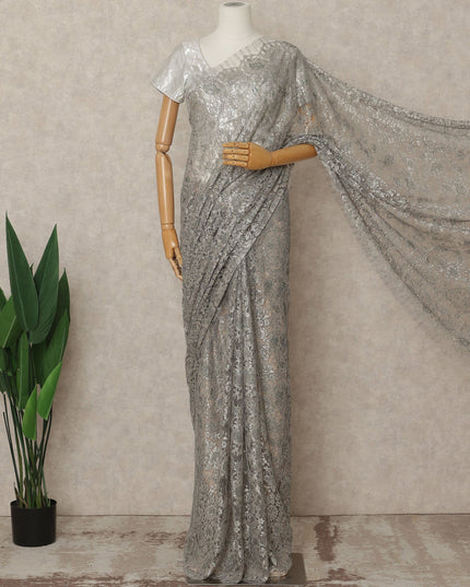Steel Grey Premium French Metallic Chantilly Lace Saree Fabric, 5.5 Mtrs Length, 110 Cms Width, Crafted in France – Elegant Metallic Floral Lace, Blouse Not Included-D26431
