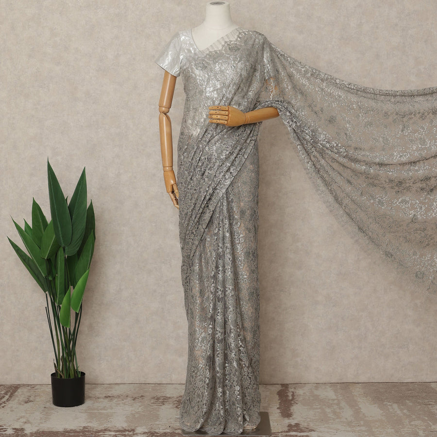 Steel Grey Premium French Metallic Chantilly Lace Saree Fabric, 5.5 Mtrs Length, 110 Cms Width, Crafted in France – Elegant Metallic Floral Lace, Blouse Not Included-D26431