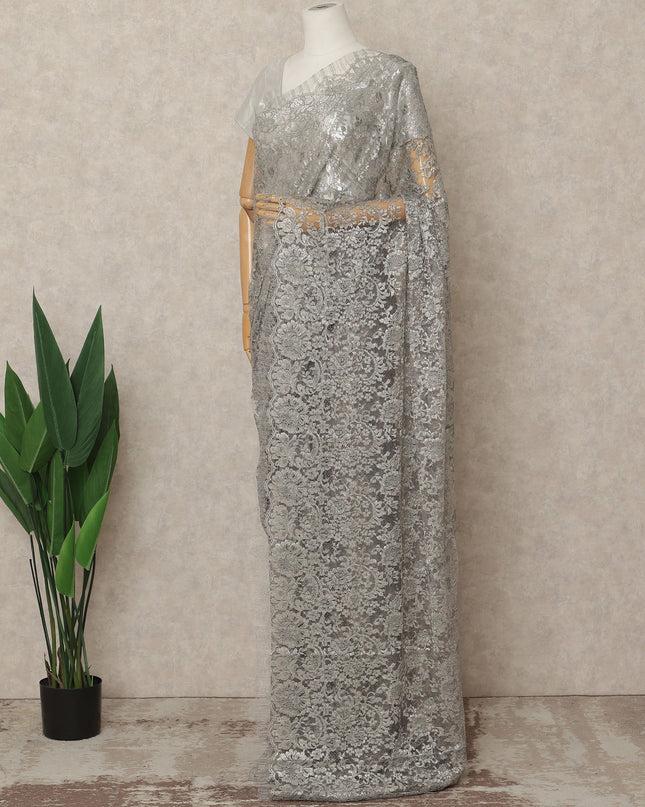 Steel Grey Premium French Metallic Chantilly Lace Saree Fabric, 5.5 Mtrs Length, 110 Cms Width, Crafted in France – Elegant Metallic Floral Lace, Blouse Not Included-D26431