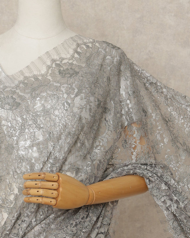 Steel Grey Premium French Metallic Chantilly Lace Saree Fabric, 5.5 Mtrs Length, 110 Cms Width, Crafted in France – Elegant Metallic Floral Lace, Blouse Not Included-D26431