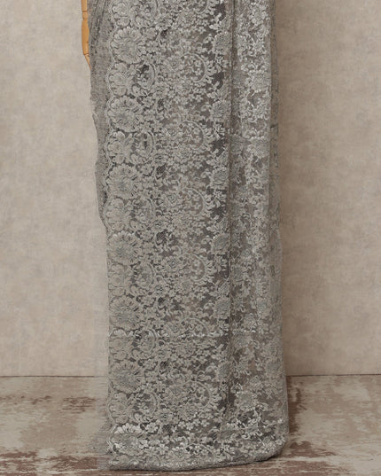 Steel Grey Premium French Metallic Chantilly Lace Saree Fabric, 5.5 Mtrs Length, 110 Cms Width, Crafted in France – Elegant Metallic Floral Lace, Blouse Not Included-D26431