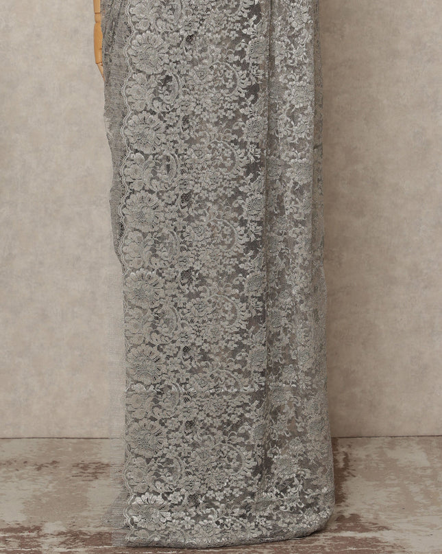 Steel Grey Premium French Metallic Chantilly Lace Saree Fabric, 5.5 Mtrs Length, 110 Cms Width, Crafted in France – Elegant Metallic Floral Lace, Blouse Not Included-D26431