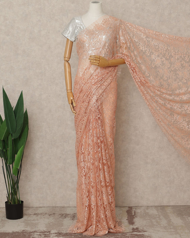 Peach Premium French Metallic Chantilly Lace Saree Fabric, 5.5 Mtrs Length, 110 Cms Width, Crafted in France – Delicate Metallic Floral Lace, Blouse Not Included-D26417