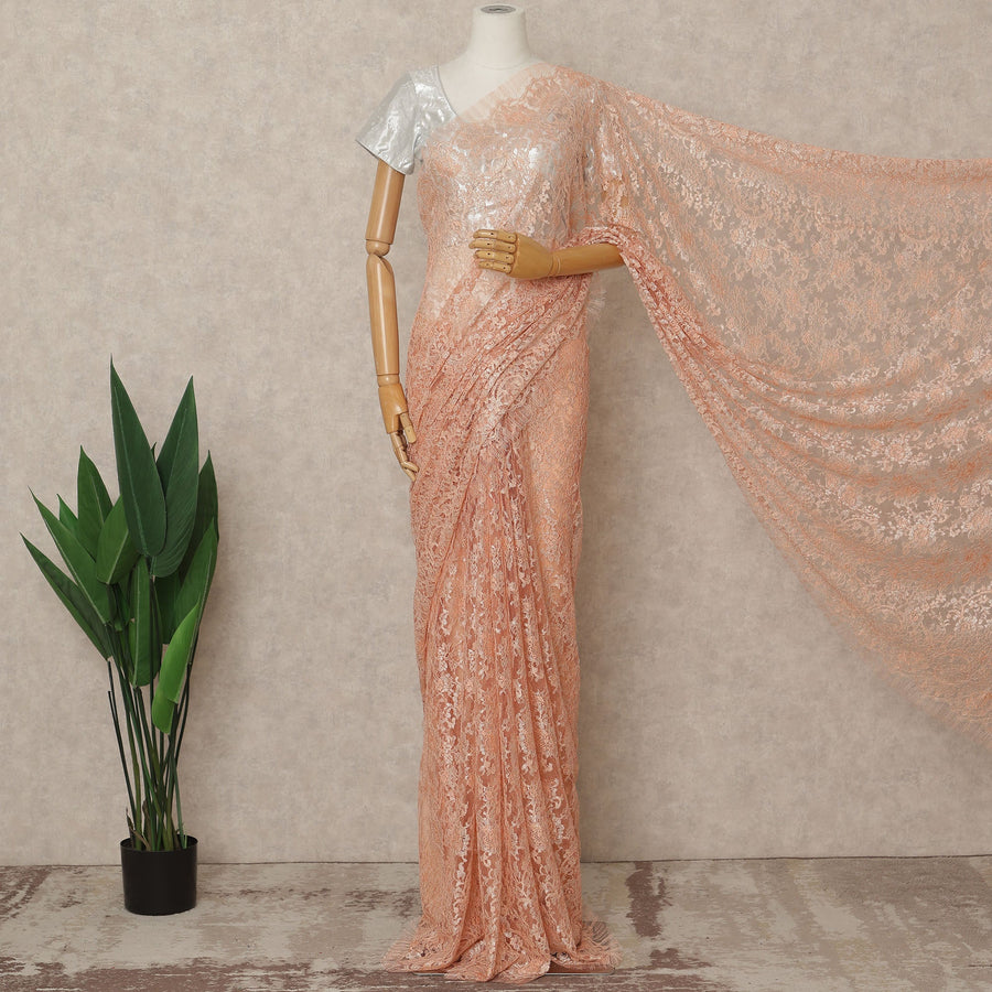 Peach Premium French Metallic Chantilly Lace Saree Fabric, 5.5 Mtrs Length, 110 Cms Width, Crafted in France – Delicate Metallic Floral Lace, Blouse Not Included-D26417
