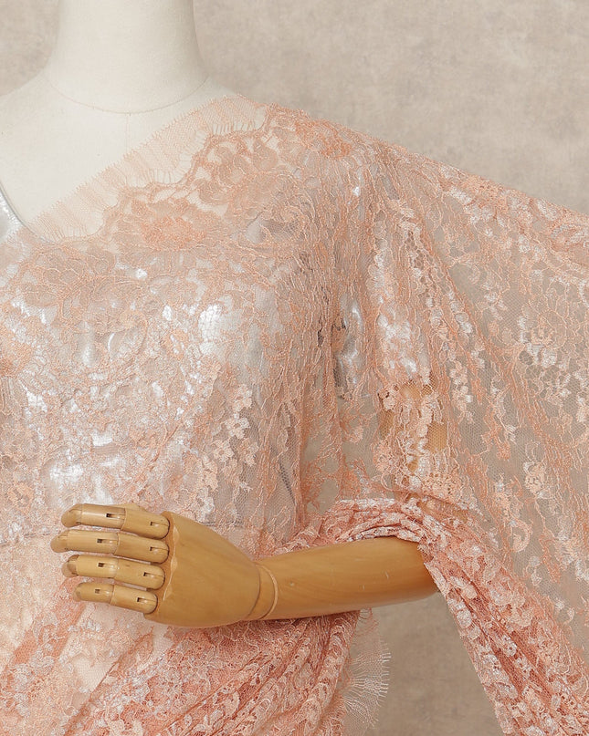 Peach Premium French Metallic Chantilly Lace Saree Fabric, 5.5 Mtrs Length, 110 Cms Width, Crafted in France – Delicate Metallic Floral Lace, Blouse Not Included-D26417