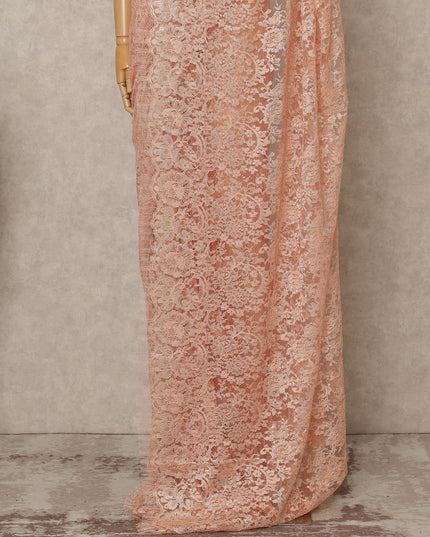 Peach Premium French Metallic Chantilly Lace Saree Fabric, 5.5 Mtrs Length, 110 Cms Width, Crafted in France – Delicate Metallic Floral Lace, Blouse Not Included-D26417
