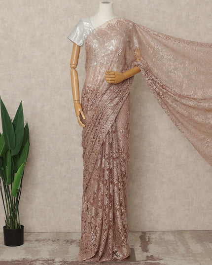 Dusty Rose Premium French Metallic Chantilly Lace Saree Fabric, 5.5 Mtrs Length, 110 Cms Width, Crafted in France – Soft Metallic Floral Lace, Blouse Not Included-D26416