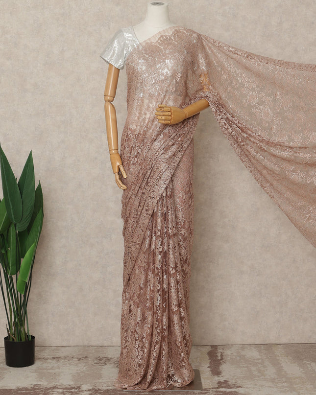 Dusty Rose Premium French Metallic Chantilly Lace Saree Fabric, 5.5 Mtrs Length, 110 Cms Width, Crafted in France – Soft Metallic Floral Lace, Blouse Not Included-D26416