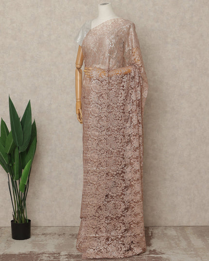 Dusty Rose Premium French Metallic Chantilly Lace Saree Fabric, 5.5 Mtrs Length, 110 Cms Width, Crafted in France – Soft Metallic Floral Lace, Blouse Not Included-D26416