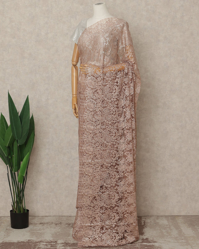 Dusty Rose Premium French Metallic Chantilly Lace Saree Fabric, 5.5 Mtrs Length, 110 Cms Width, Crafted in France – Soft Metallic Floral Lace, Blouse Not Included-D26416