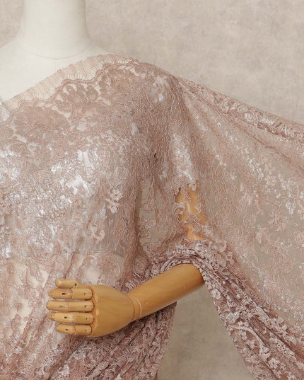 Dusty Rose Premium French Metallic Chantilly Lace Saree Fabric, 5.5 Mtrs Length, 110 Cms Width, Crafted in France – Soft Metallic Floral Lace, Blouse Not Included-D26416