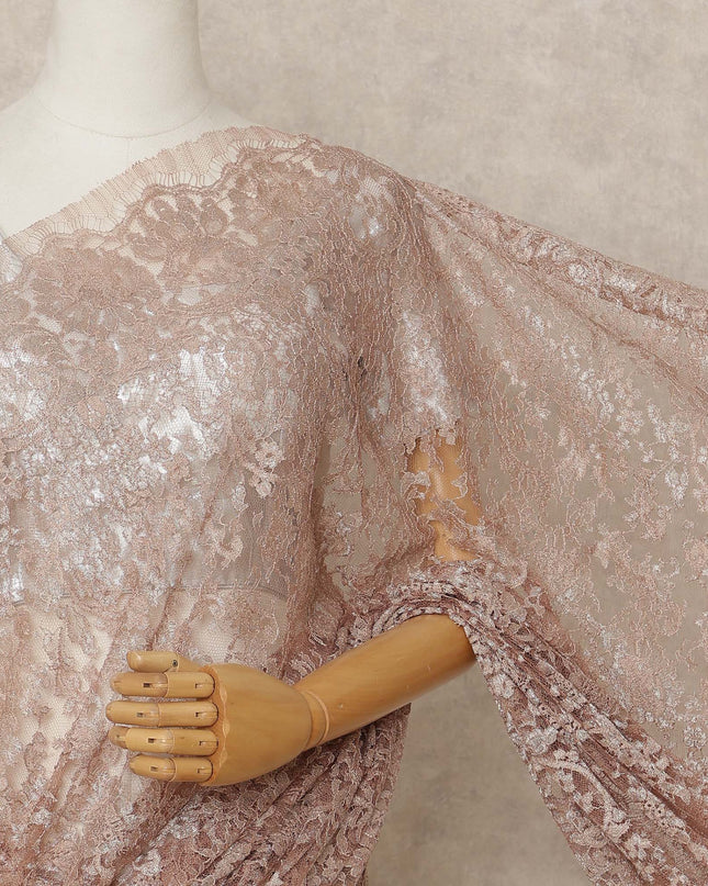 Dusty Rose Premium French Metallic Chantilly Lace Saree Fabric, 5.5 Mtrs Length, 110 Cms Width, Crafted in France – Soft Metallic Floral Lace, Blouse Not Included-D26416