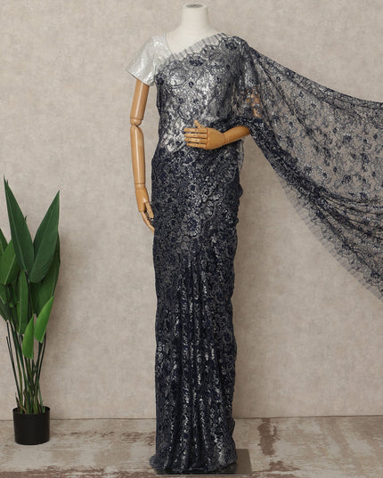 Navy Blue Premium French Metallic Chantilly Lace Saree Fabric, 5.5 Mtrs Length, 110 Cms Width, Crafted in France – Elegant Metallic Floral Lace, Blouse Not Included-D26421