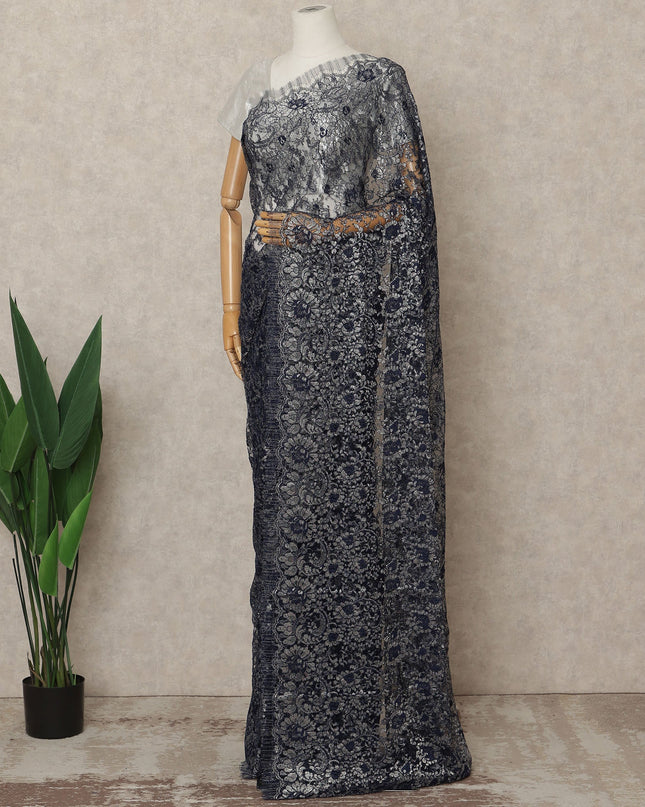 Navy Blue Premium French Metallic Chantilly Lace Saree Fabric, 5.5 Mtrs Length, 110 Cms Width, Crafted in France – Elegant Metallic Floral Lace, Blouse Not Included-D26421