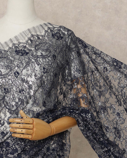 Navy Blue Premium French Metallic Chantilly Lace Saree Fabric, 5.5 Mtrs Length, 110 Cms Width, Crafted in France – Elegant Metallic Floral Lace, Blouse Not Included-D26421