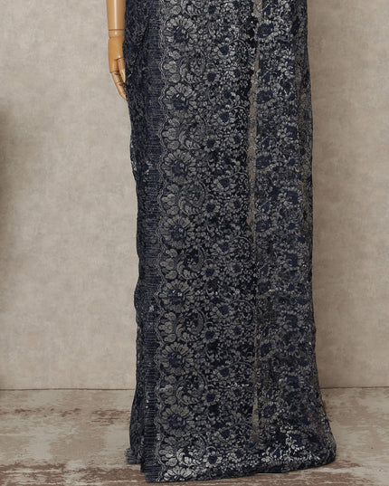 Navy Blue Premium French Metallic Chantilly Lace Saree Fabric, 5.5 Mtrs Length, 110 Cms Width, Crafted in France – Elegant Metallic Floral Lace, Blouse Not Included-D26421
