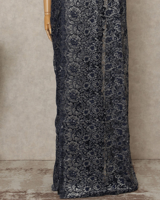 Navy Blue Premium French Metallic Chantilly Lace Saree Fabric, 5.5 Mtrs Length, 110 Cms Width, Crafted in France – Elegant Metallic Floral Lace, Blouse Not Included-D26421