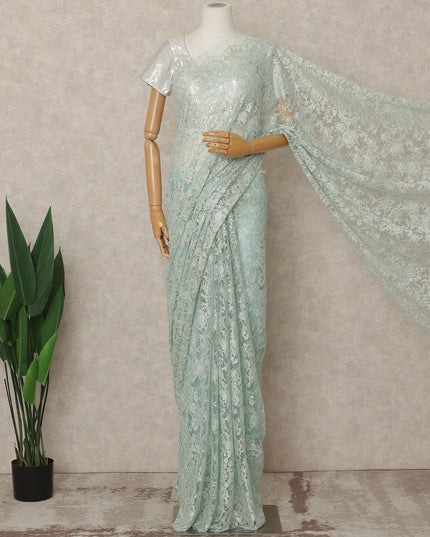 Mint Green Premium French Metallic Chantilly Lace Saree Fabric, 5.5 Mtrs Length, 110 Cms Width, Crafted in France – Exquisite Floral Pattern, Blouse Not Included-D26410