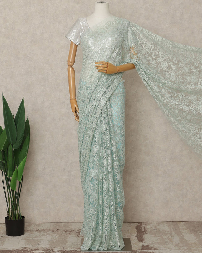 Mint Green Premium French Metallic Chantilly Lace Saree Fabric, 5.5 Mtrs Length, 110 Cms Width, Crafted in France – Exquisite Floral Pattern, Blouse Not Included-D26410