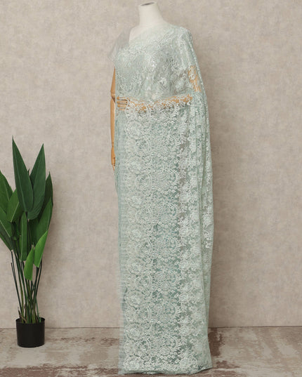 Mint Green Premium French Metallic Chantilly Lace Saree Fabric, 5.5 Mtrs Length, 110 Cms Width, Crafted in France – Exquisite Floral Pattern, Blouse Not Included-D26410