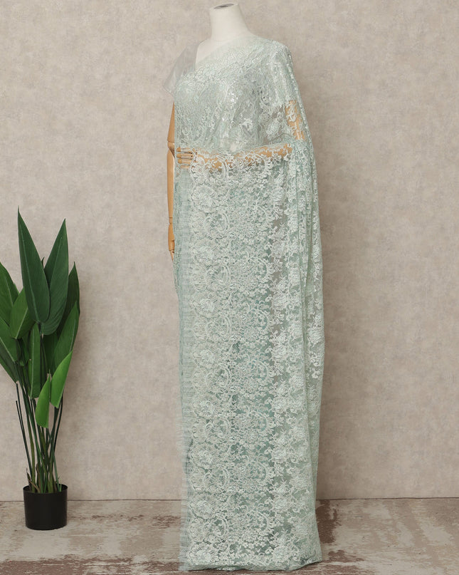 Mint Green Premium French Metallic Chantilly Lace Saree Fabric, 5.5 Mtrs Length, 110 Cms Width, Crafted in France – Exquisite Floral Pattern, Blouse Not Included-D26410