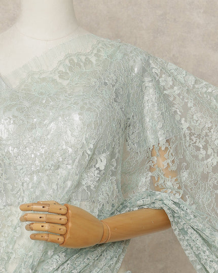 Mint Green Premium French Metallic Chantilly Lace Saree Fabric, 5.5 Mtrs Length, 110 Cms Width, Crafted in France – Exquisite Floral Pattern, Blouse Not Included-D26410
