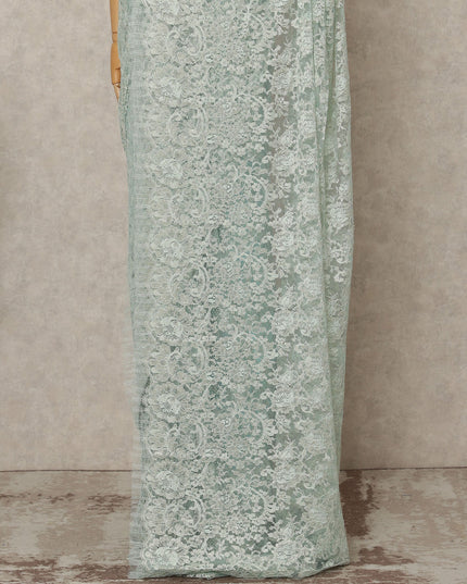 Mint Green Premium French Metallic Chantilly Lace Saree Fabric, 5.5 Mtrs Length, 110 Cms Width, Crafted in France – Exquisite Floral Pattern, Blouse Not Included-D26410