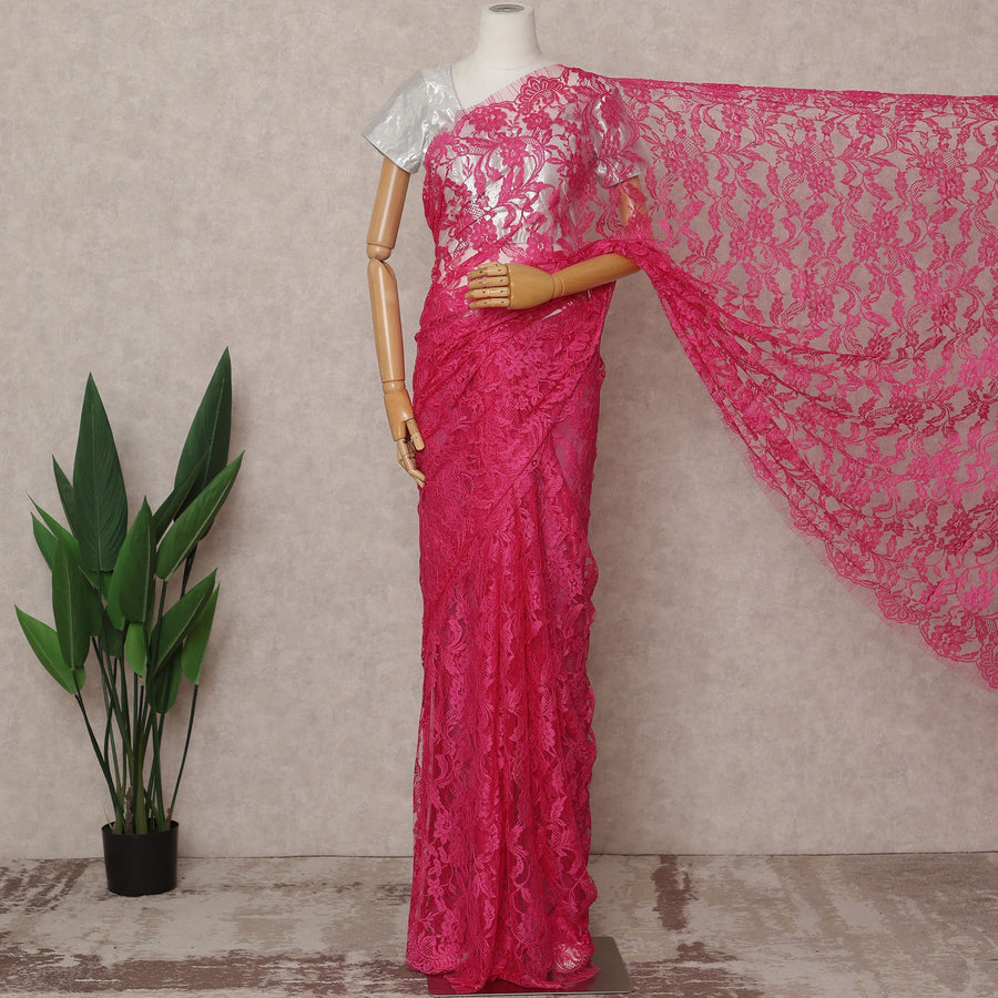 Fuchsia Pink Premium French Chantilly Lace Saree Fabric 5.5 Mtrs with 110 Cms Width – Imported from France-D25635