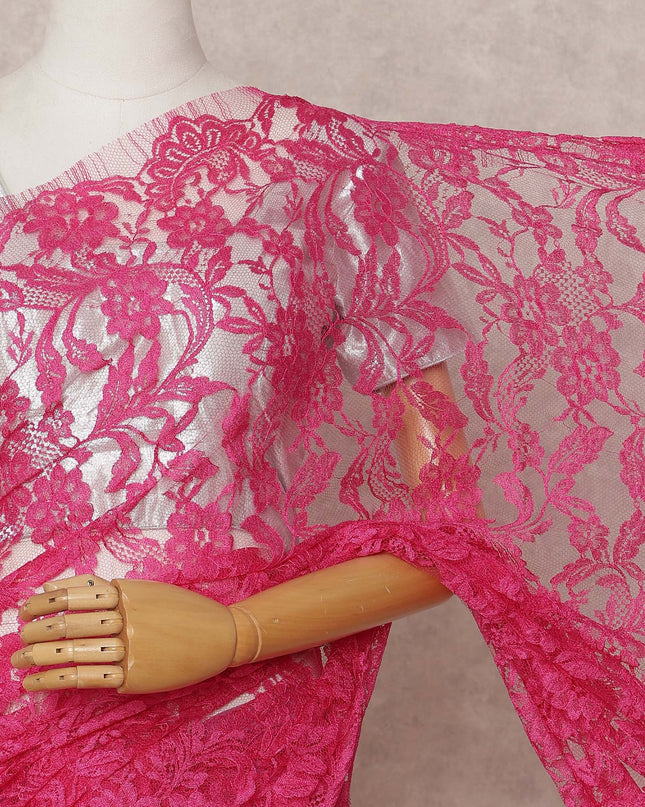Fuchsia Pink Premium French Chantilly Lace Saree Fabric 5.5 Mtrs with 110 Cms Width – Imported from France-D25635