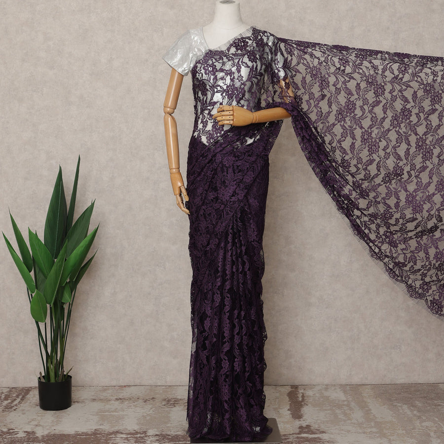 Plum Premium 2-Tone French Chantilly Lace Saree Fabric 5.5 Mtrs with 110 Cms Width – Imported from France-D25650