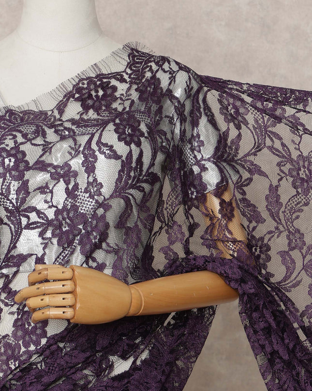 Plum Premium 2-Tone French Chantilly Lace Saree Fabric 5.5 Mtrs with 110 Cms Width – Imported from France-D25650