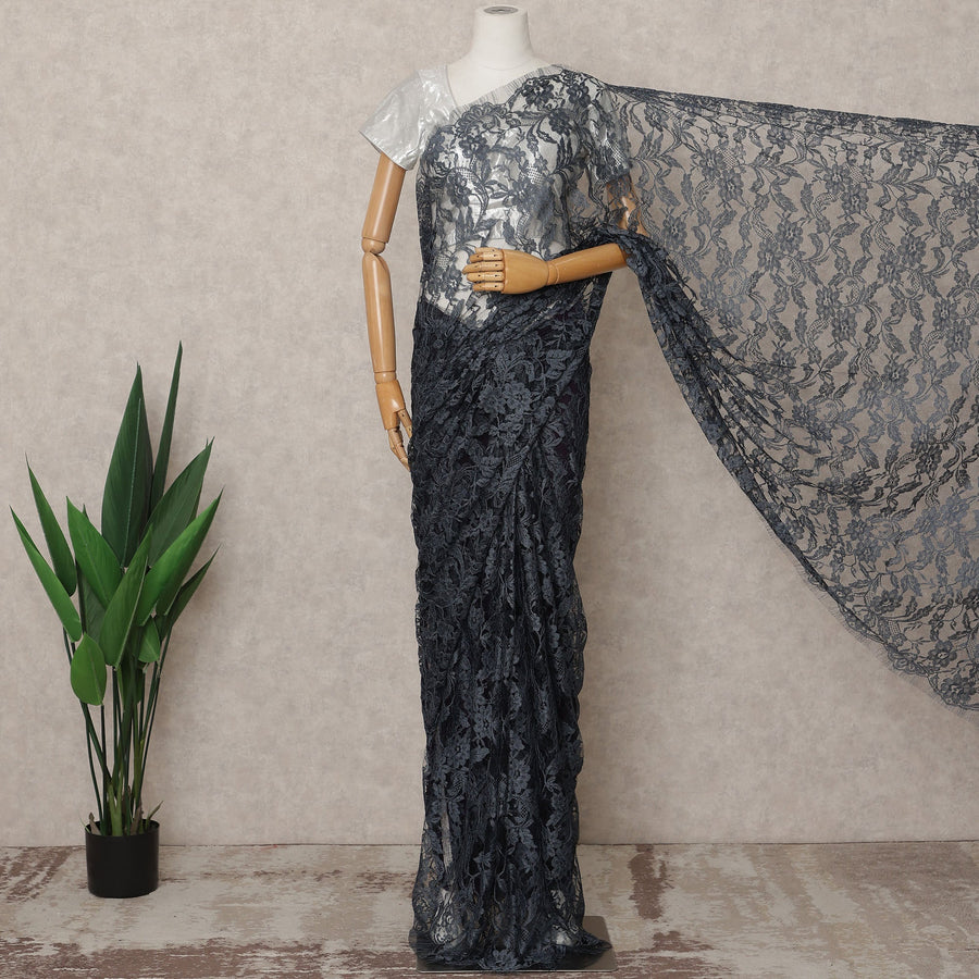 Charcoal Grey Premium 2-Tone French Chantilly Lace Saree Fabric 5.5 Mtrs with 110 Cms Width – Imported from France-D25667