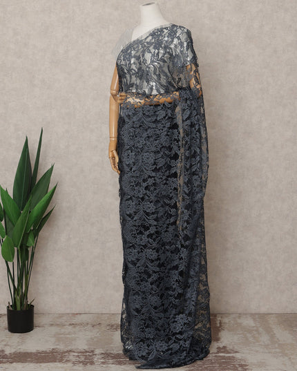 Charcoal Grey Premium 2-Tone French Chantilly Lace Saree Fabric 5.5 Mtrs with 110 Cms Width – Imported from France-D25667