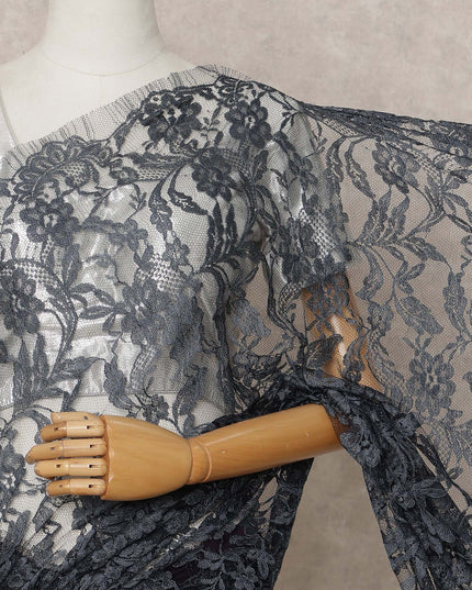 Charcoal Grey Premium 2-Tone French Chantilly Lace Saree Fabric 5.5 Mtrs with 110 Cms Width – Imported from France-D25667