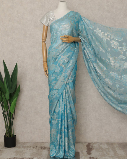 Sky Blue Premium French Silk Chiffon Saree With Silver Floral Woven Design 5.5 Mtrs Length 110 Cms Width, Made in France and  Blouse Not Included-D27217
