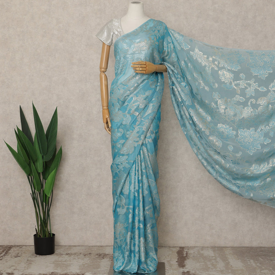 Sky Blue Premium French Silk Chiffon Saree With Silver Floral Woven Design 5.5 Mtrs Length 110 Cms Width, Made in France and  Blouse Not Included-D27217