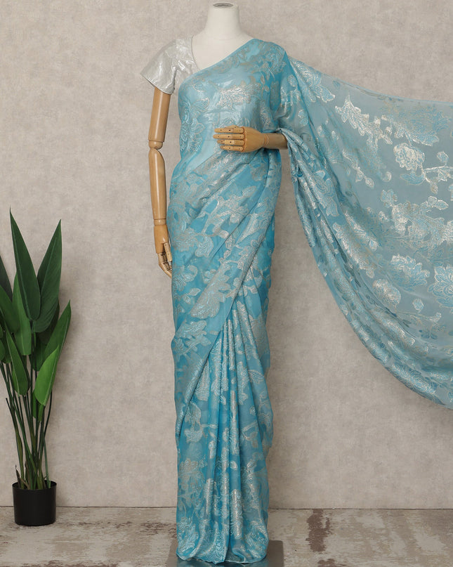 Sky Blue Silver Metallic French Chiffon Saree 5.5 Meters Length 110 Cms Width Lightweight Printed Elegant Party Wear Soft Flowy Fabric Premium Quality Without Blouse Piece-D28731 Regal Fabrics
