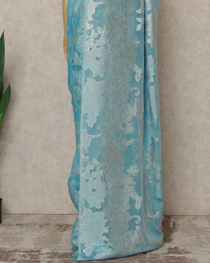 Sky Blue Premium French Silk Chiffon Saree With Silver Floral Woven Design 5.5 Mtrs Length 110 Cms Width, Made in France and  Blouse Not Included-D27217