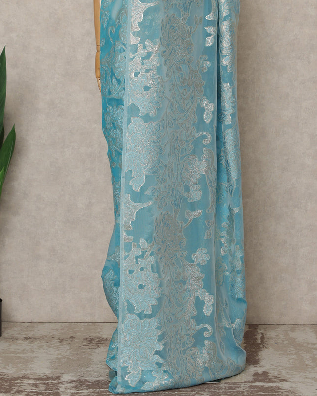 Sky Blue Premium French Silk Chiffon Saree With Silver Floral Woven Design 5.5 Mtrs Length 110 Cms Width, Made in France and  Blouse Not Included-D27217