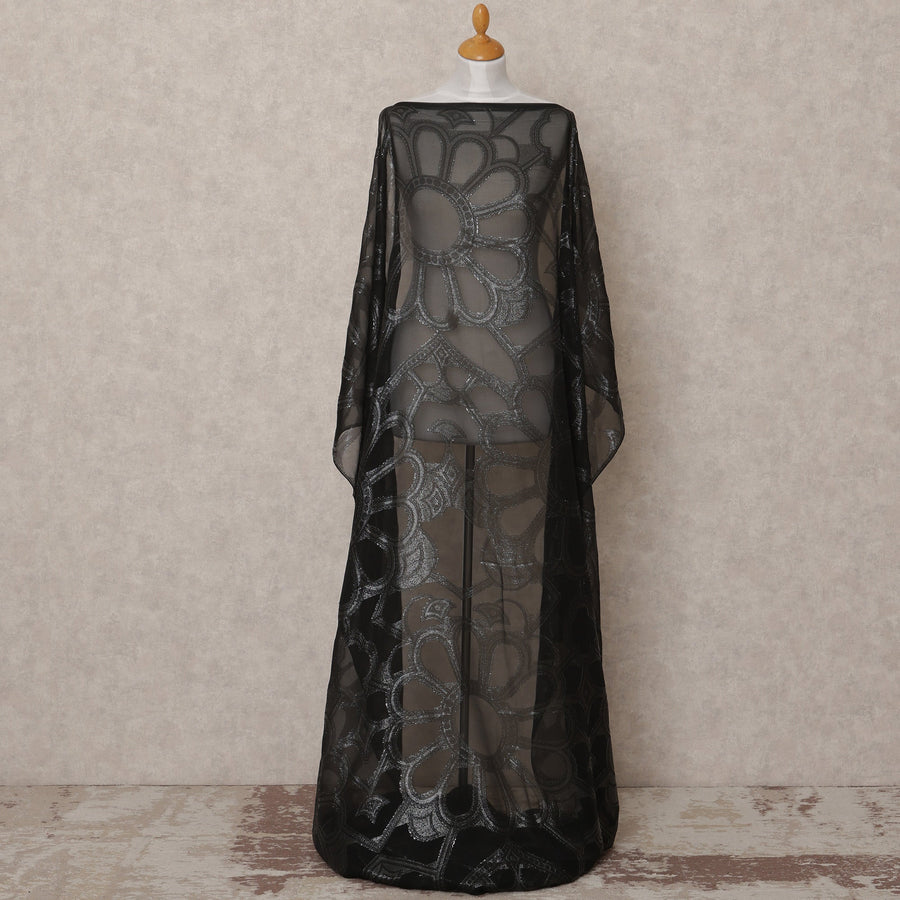 Black Fransawi Metallic Lurex Somali Silk Chiffon Dirac Fabric – 3.5 Meters, Width 140 cm, Made in France-D24747