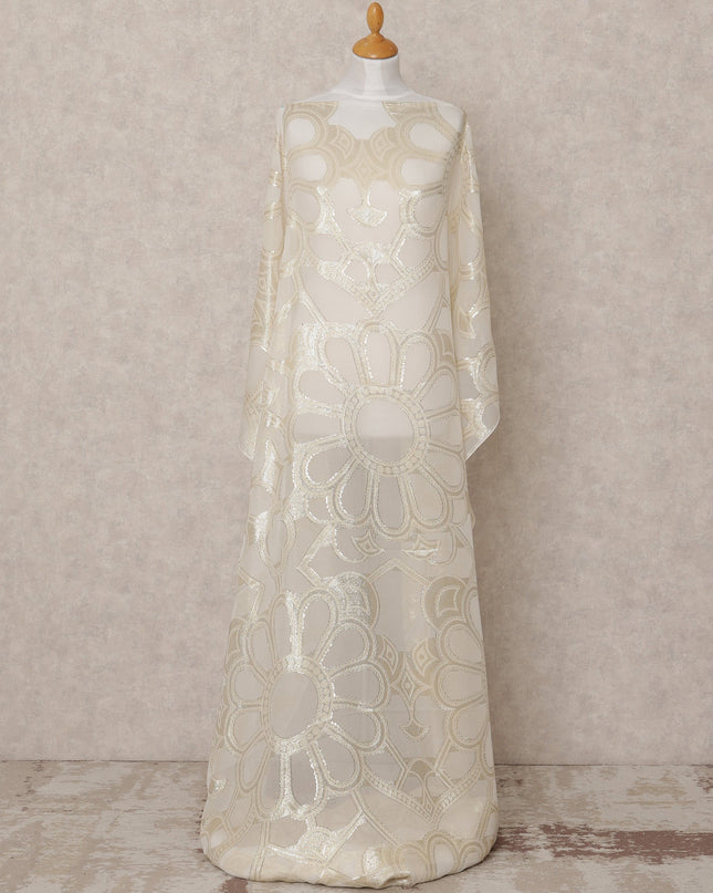 Ivory Fransawi Metallic Lurex Floral Pattern Somali Silk Chiffon Dirac Fabric – 3.5 Meters, Width 140 cm, Made in France-D24752